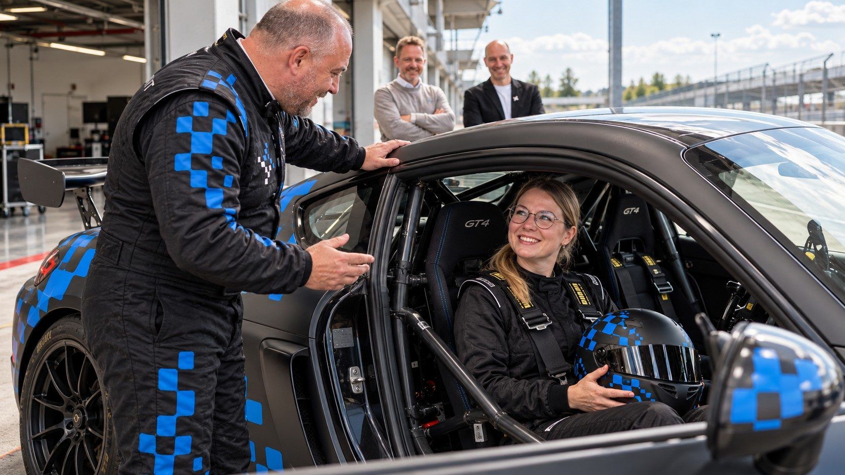 Fahrer im Team-IT-Rennanzug erklärt einem Gast mit Helm auf dem Beifahrersitz die Mitfahrt