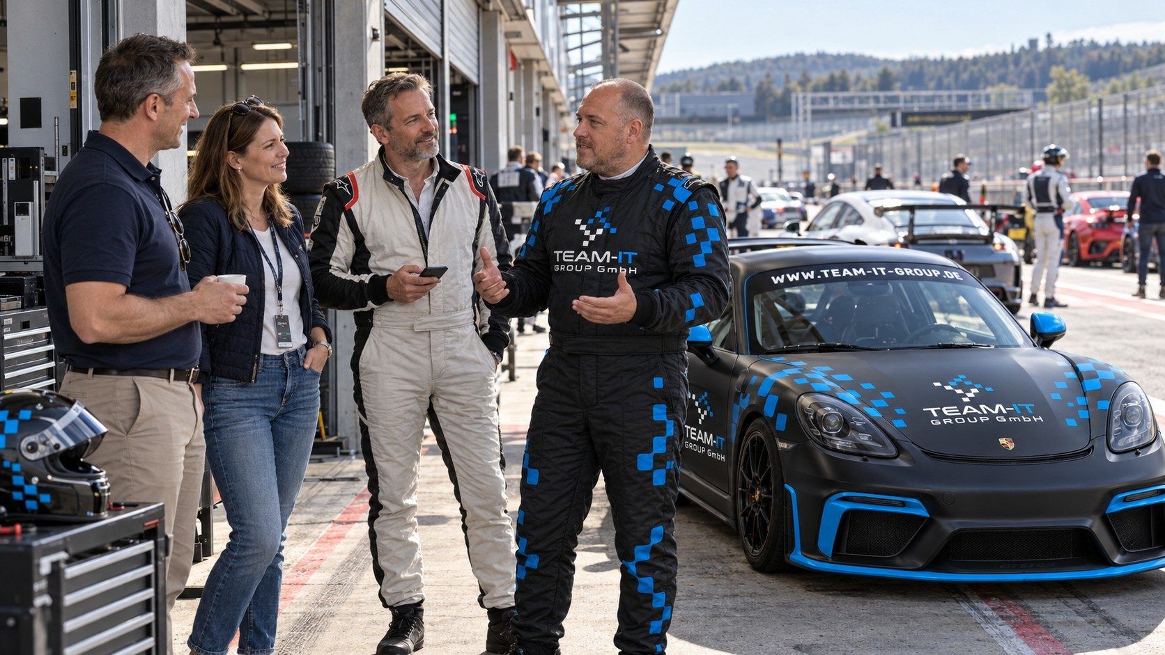 Gespräch mit Gästen in der Boxengasse neben dem 718 Cayman GT4