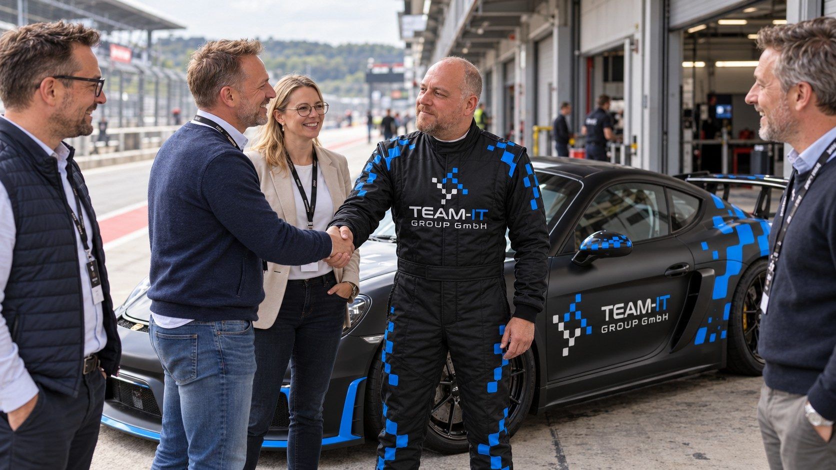 Fahrer im Team-IT-Rennanzug begrüßt Gäste per Handschlag in der Boxengasse vor dem 718 Cayman GT4