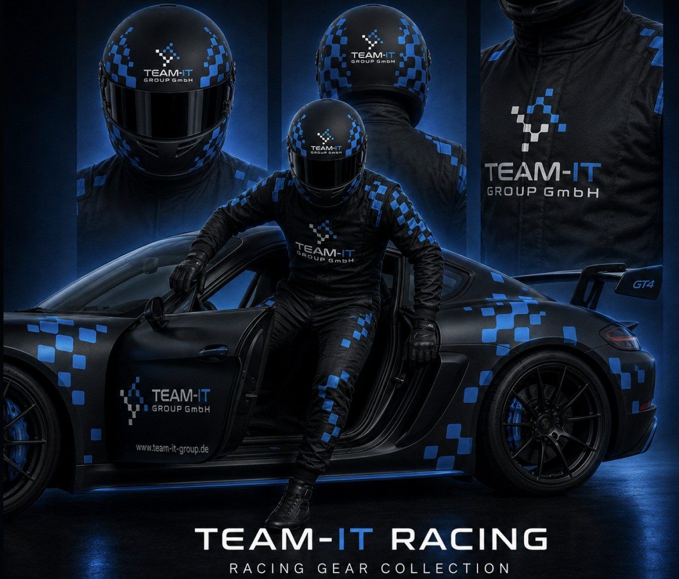 Fahrer im Team-IT-Rennanzug mit Helm steigt aus dem schwarz-blauen 718 Cayman GT4